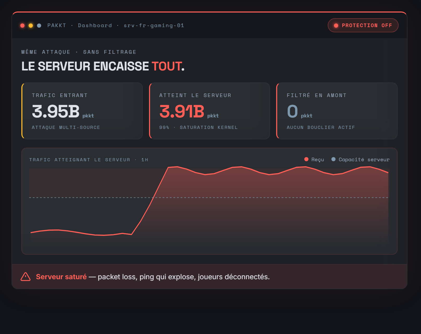 Without PAKKT: 3.91 billion packets reach the server, kernel saturation