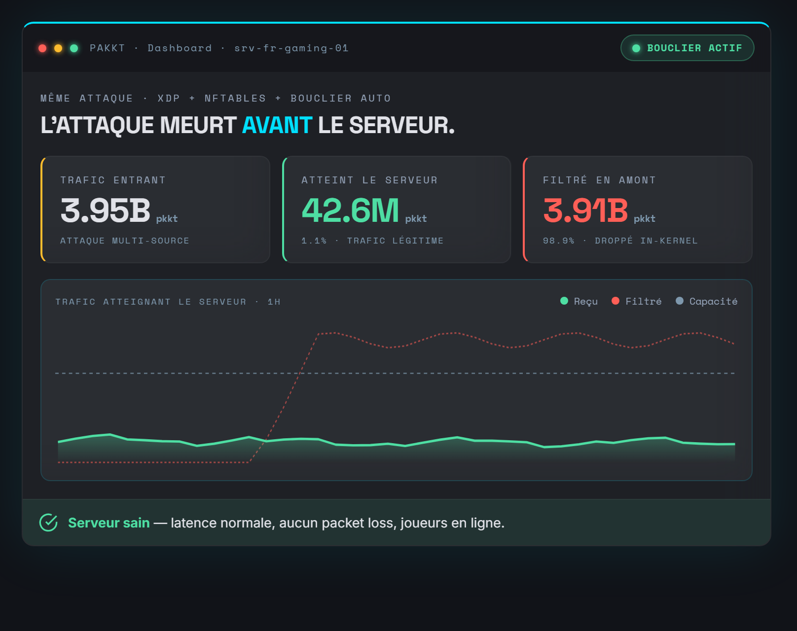 With PAKKT: only 42.6 million legitimate packets, 98.9% filtered upstream