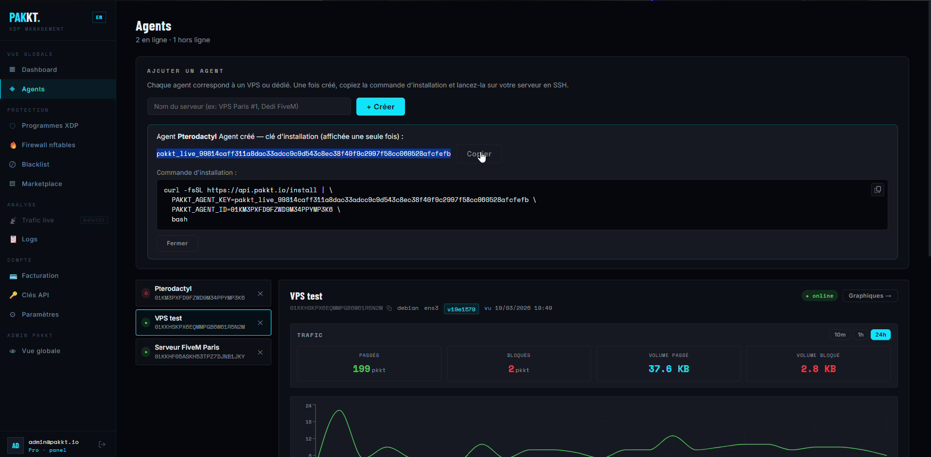 Copiez la clé d'installation, elle n'est affichée qu'une seule fois
