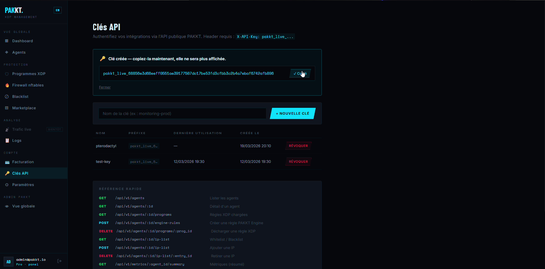Copiez la clé maintenant. Elle ne sera plus affichée