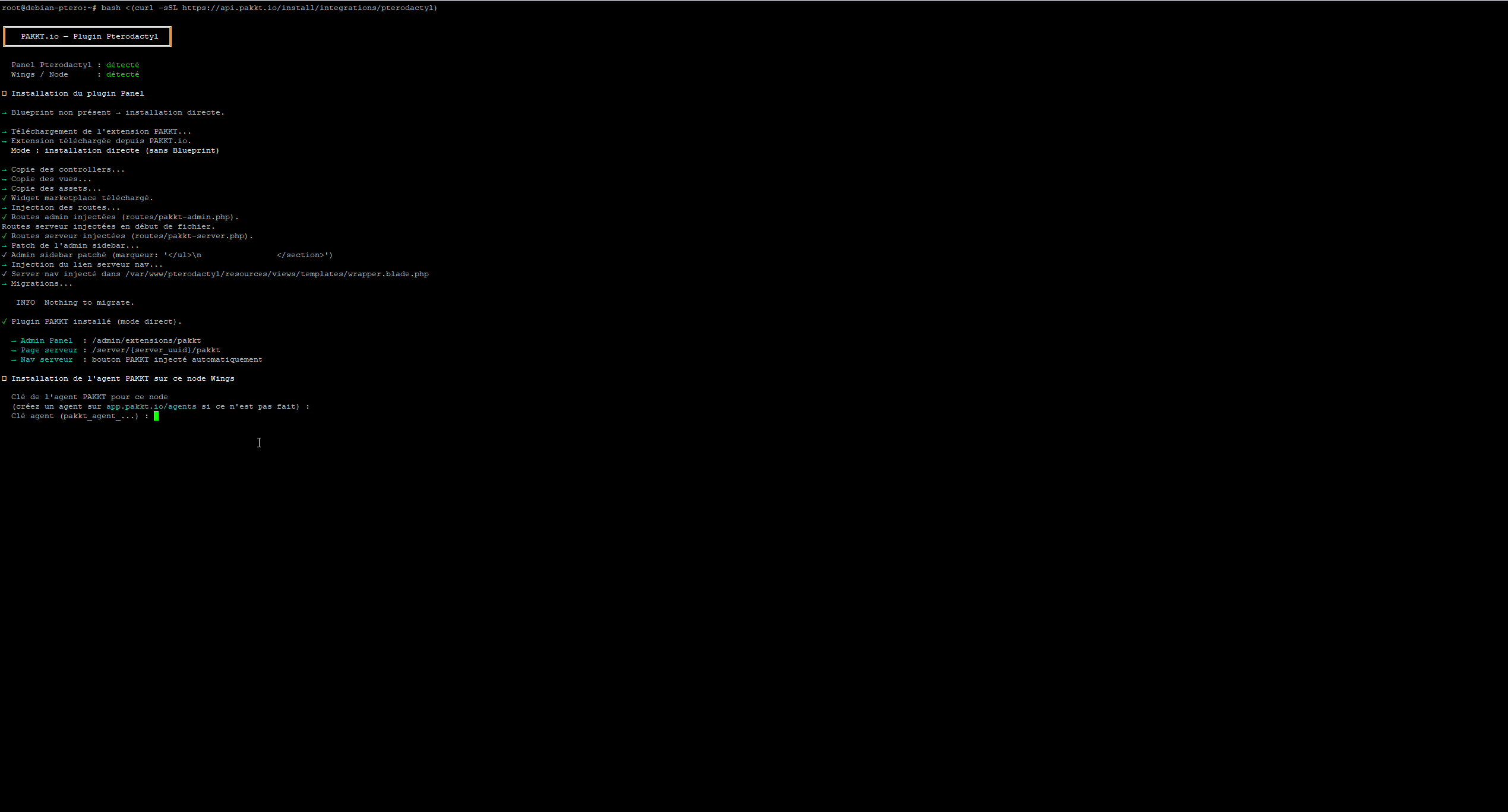 Le script installe l'extension et configure l'agent. Entrez votre clé agent quand demandé